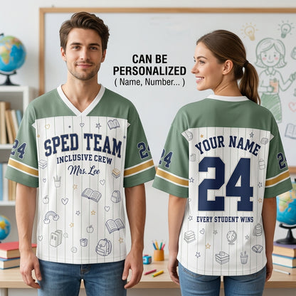 Personalized SPED Team Teacher Football Jersey - Custom Name Inclusive Crew Drop Shoulder Mesh Shirt