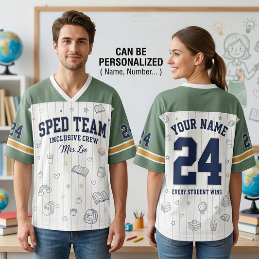 Personalized SPED Team Teacher Football Jersey - Custom Name Inclusive Crew Drop Shoulder Mesh Shirt
