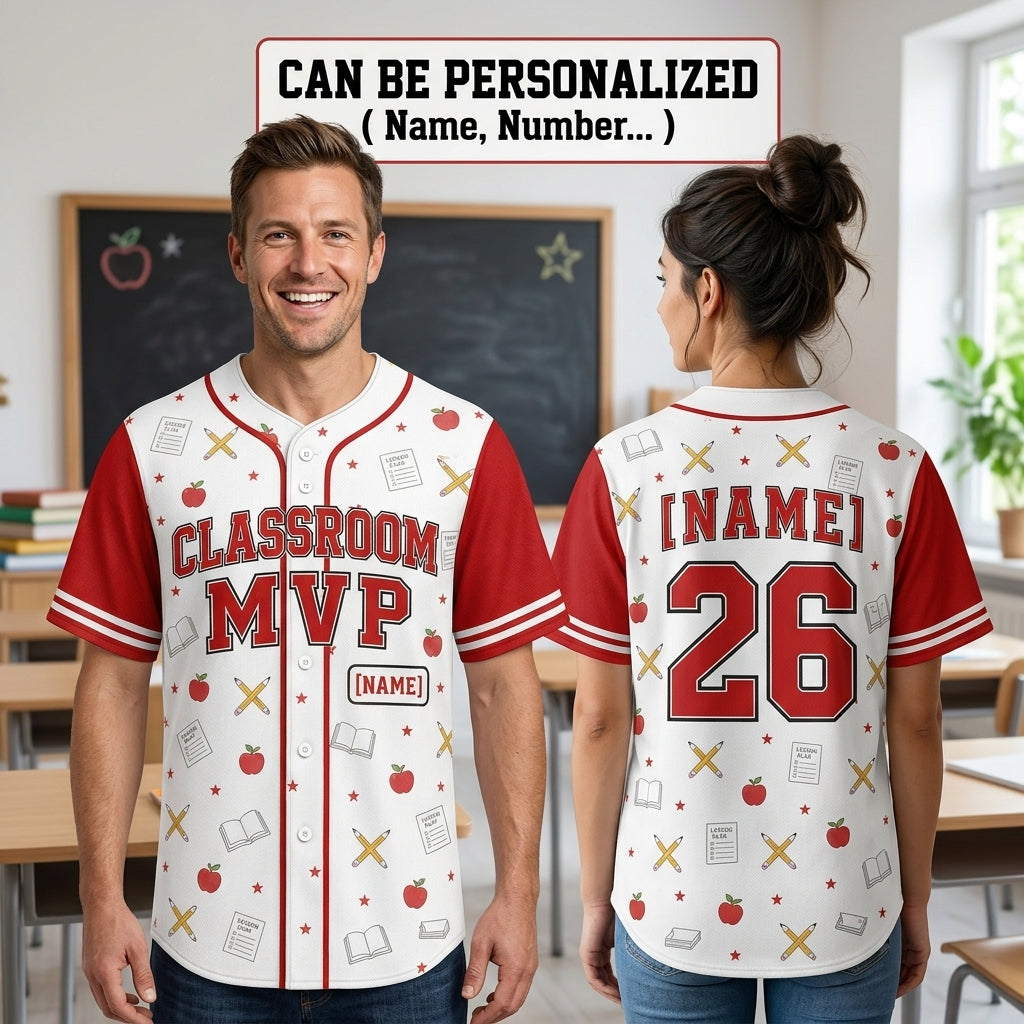 Personalized Classroom MVP Teacher Baseball Jersey - Custom Name and Number School Spirit Shirt