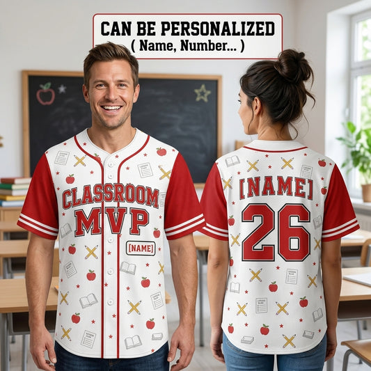 Personalized Classroom MVP Teacher Baseball Jersey - Custom Name and Number School Spirit Shirt