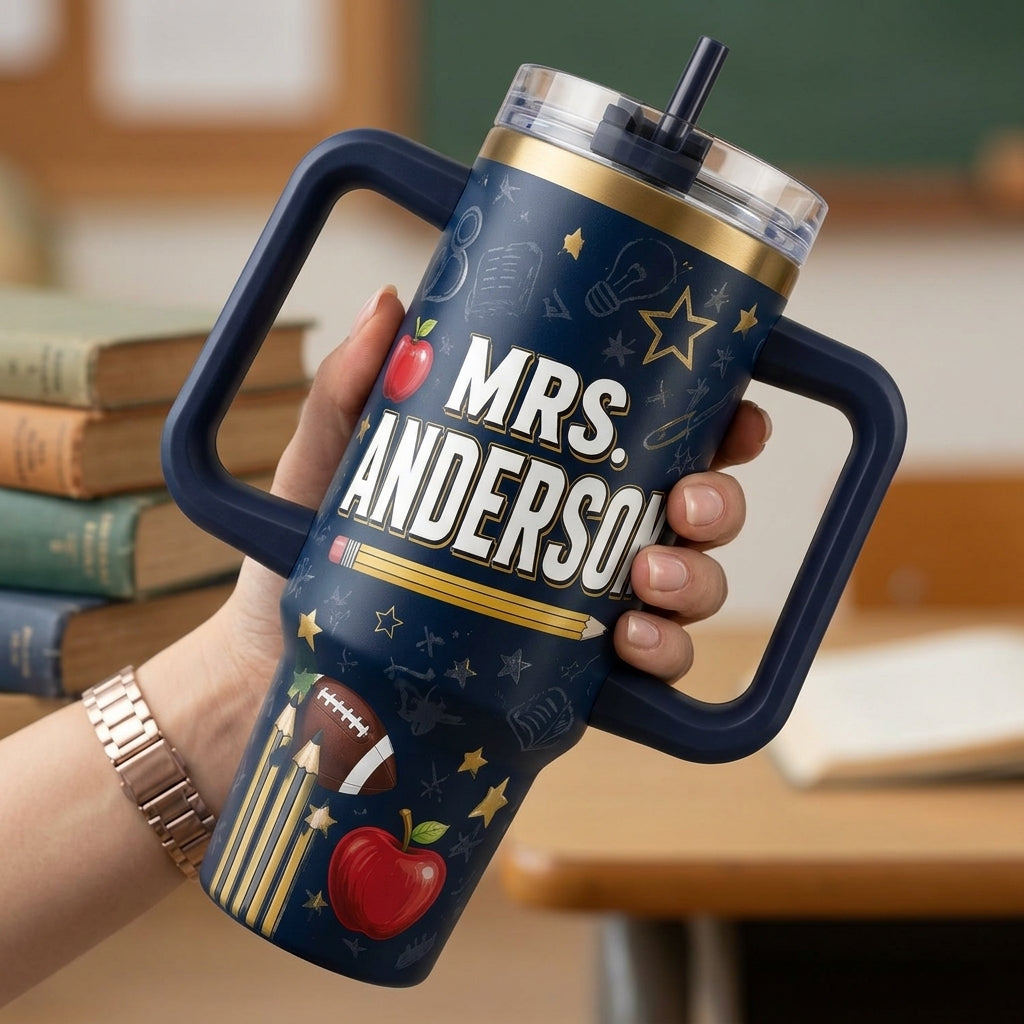 Personalized Teacher Game Day 40oz Tumbler with Handle - Custom Name Football & Classroom Crew Gift