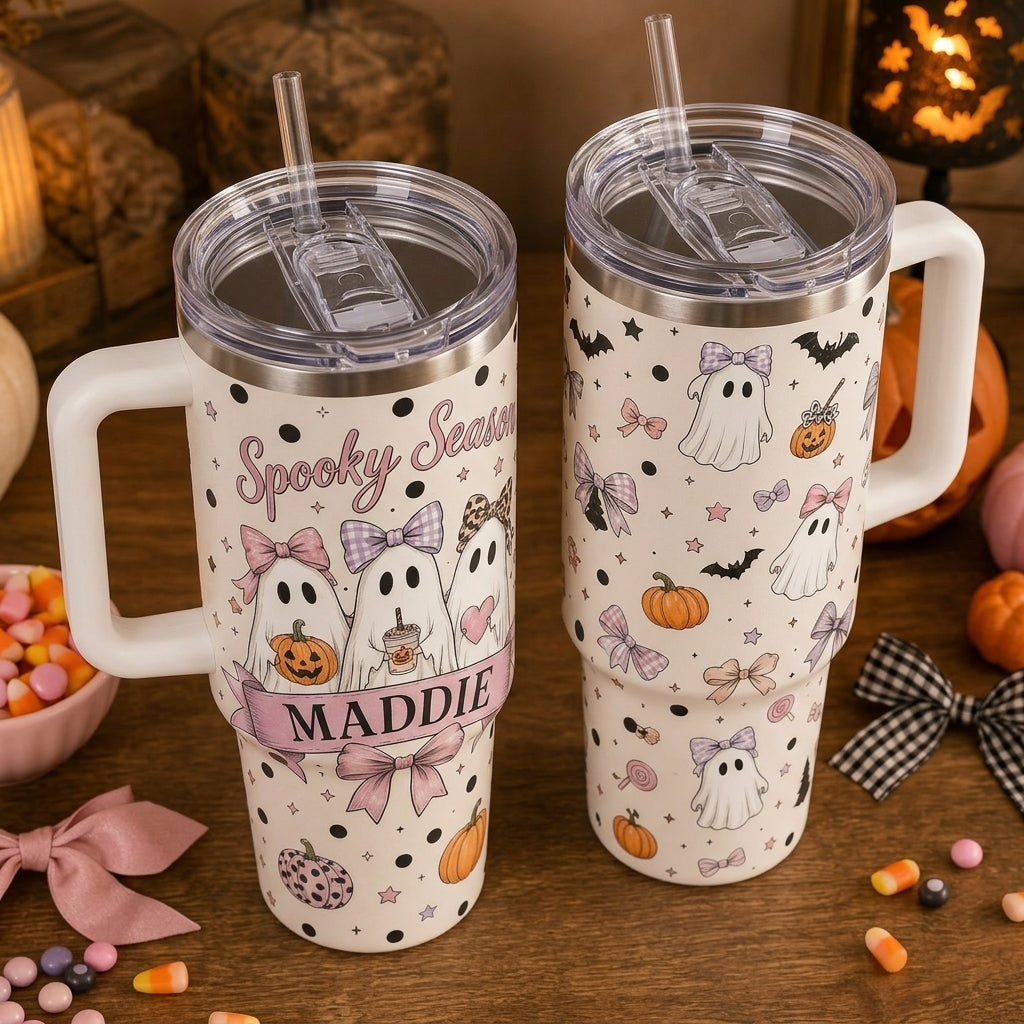 Personalized Spooky Season 40oz Tumbler with Handle - Cute Coquette Ghost & Pumpkin Custom Name Gift