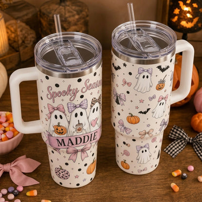 Personalized Spooky Season 40oz Tumbler with Handle - Cute Coquette Ghost & Pumpkin Custom Name Gift