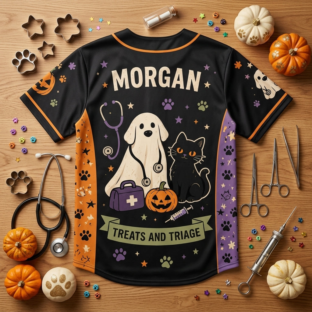 Personalized Spooky Vet Tech Halloween Baseball Jersey - Custom Name Veterinary Assistant Gift