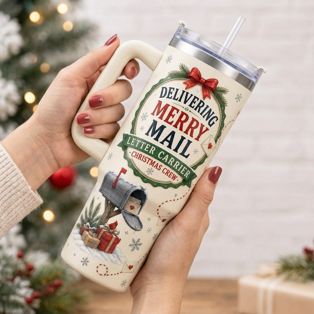 Personalized Delivering Merry Mail 40oz Tumbler with Handle - Custom Postal Worker Christmas Gift North Pole Route Helper