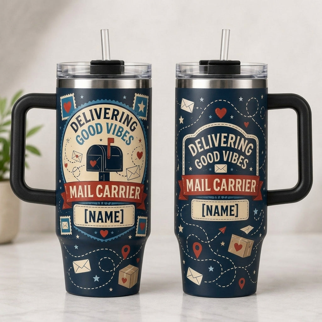 Personalized Mail Carrier 40oz Tumbler with Handle - Delivering Good Vibes Custom Postal Worker Gift - 40oz tumbler mockup 2
