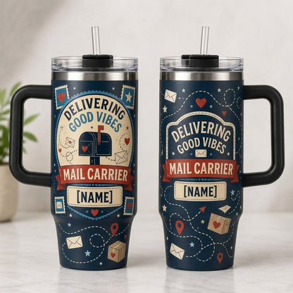 Personalized Mail Carrier 40oz Tumbler with Handle - Delivering Good Vibes Custom Postal Worker Gift - 40oz tumbler mockup 2