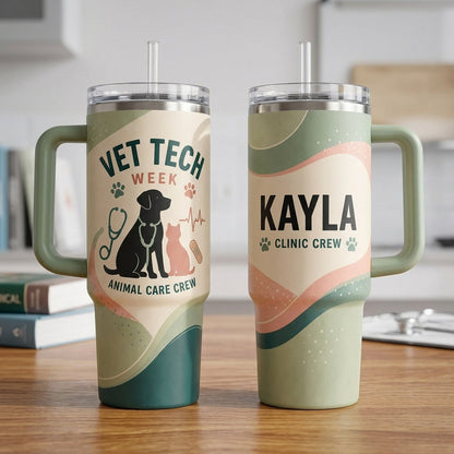 Personalized Vet Tech Week 40oz Tumbler with Handle - Custom Name Animal Care Crew Gift
