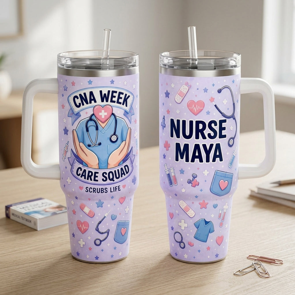 Personalized CNA Week Care Squad 40oz Tumbler with Handle - Custom Name Nurse Appreciation Gift Scrubs Life