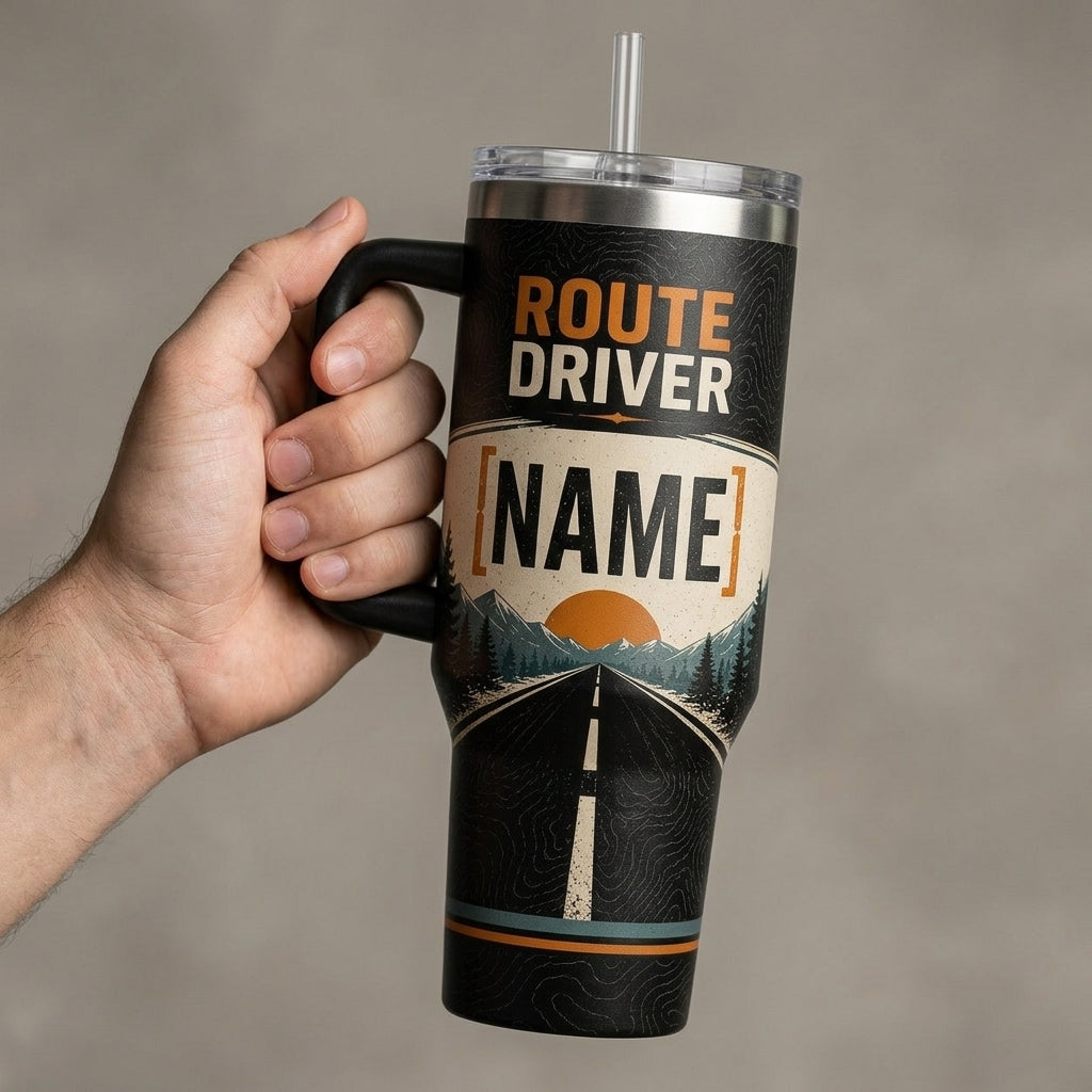 Personalized Route Driver 40oz Tumbler with Handle - Custom Name Delivery Driver Gift - Mile After Mile Travel Mug - 40oz tumbler mockup 4