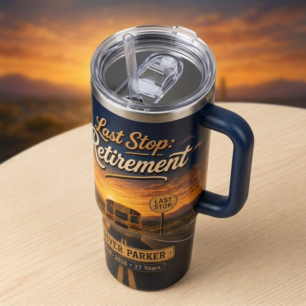 Personalized School Bus Driver Retirement 40oz Tumbler with Handle - Custom Name & Years Final Route Gift