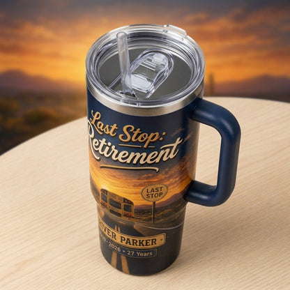 Personalized School Bus Driver Retirement 40oz Tumbler with Handle - Custom Name & Years Final Route Gift