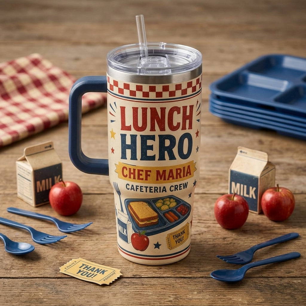 Personalized Lunch Hero 40oz Tumbler with Handle - Custom Name Cafeteria Crew Gift