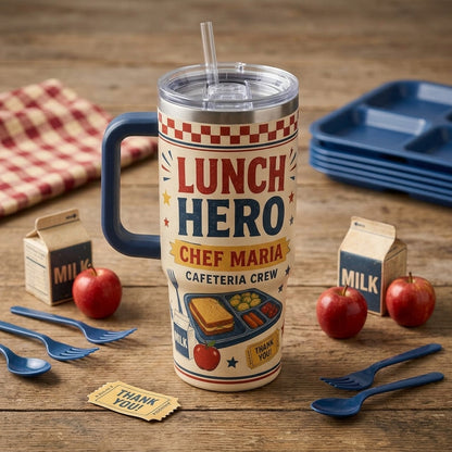 Personalized Lunch Hero 40oz Tumbler with Handle - Custom Name Cafeteria Crew Gift