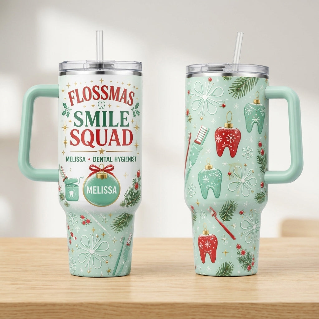 Personalized Flossmas Smile Squad 40oz Tumbler with Handle, Custom Dental Hygienist Christmas Gift