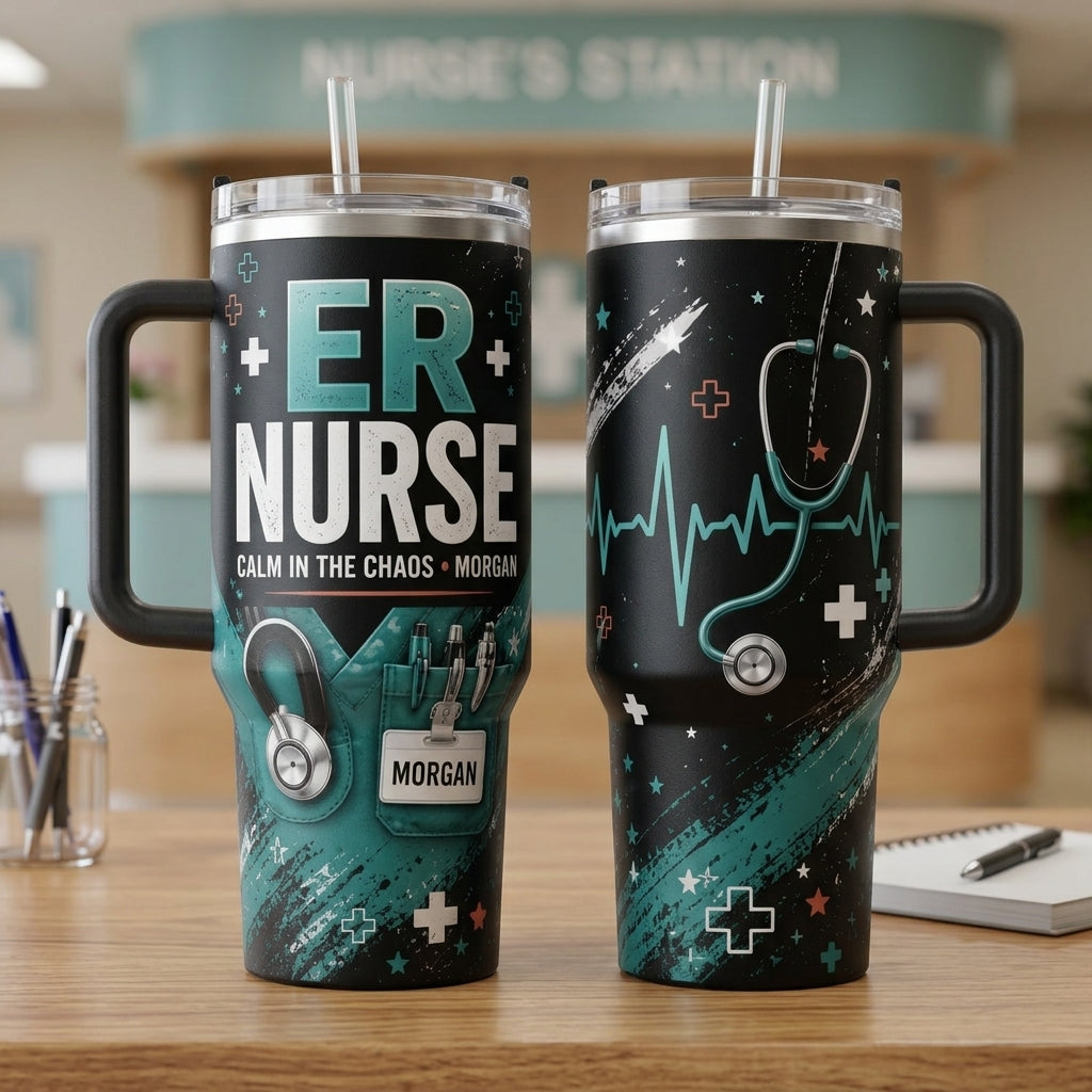 Personalized ER Nurse 40oz Tumbler with Handle - Custom Name Calm In The Chaos Medical Gift