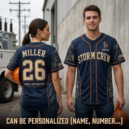 Personalized Lineman Storm Crew Baseball Jersey - Custom Name and Number Power Restoration Graphic Shirt product view 2