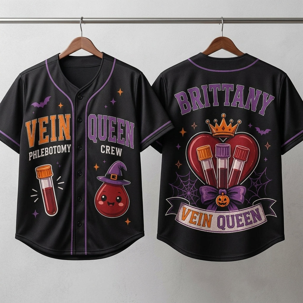 Personalized Vein Queen Phlebotomy Crew Baseball Jersey - Custom Name Halloween Phlebotomist Gift
