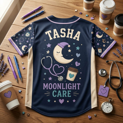 Personalized Night Shift CNA Baseball Jersey - Custom Name Coffee Care Chaos Moonlight Care Shirt