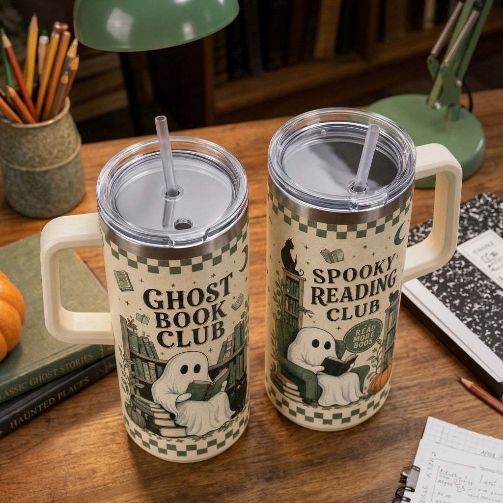 Ghost Book Club 40oz Tumbler with Handle - Spooky Reading Club Halloween Gift for Bookworms