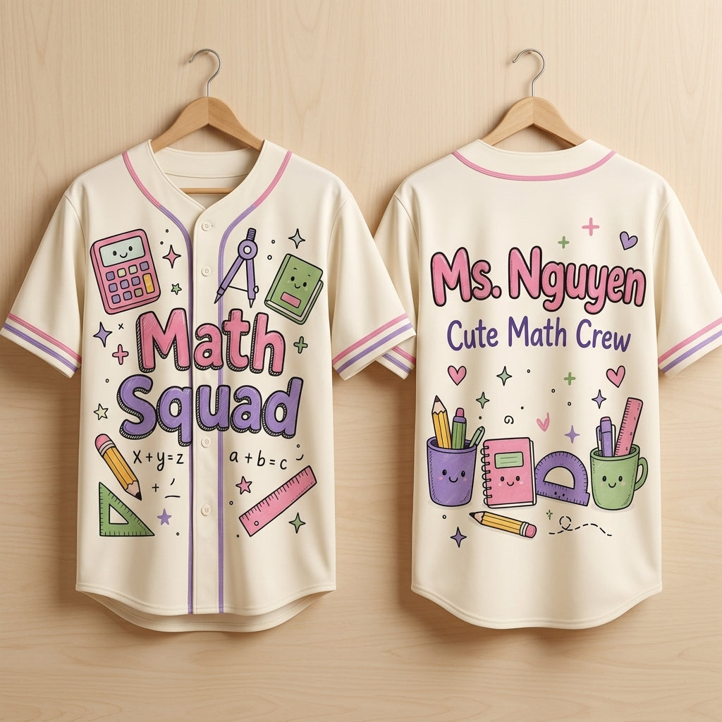 Personalized Math Squad Baseball Jersey - Custom Name Cute Math Crew Teacher Gift - Pastel Academic Theme Sporty Academic Jersey