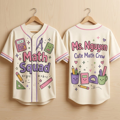 Personalized Math Squad Baseball Jersey - Custom Name Cute Math Crew Teacher Gift - Pastel Academic Theme Sporty Academic Jersey