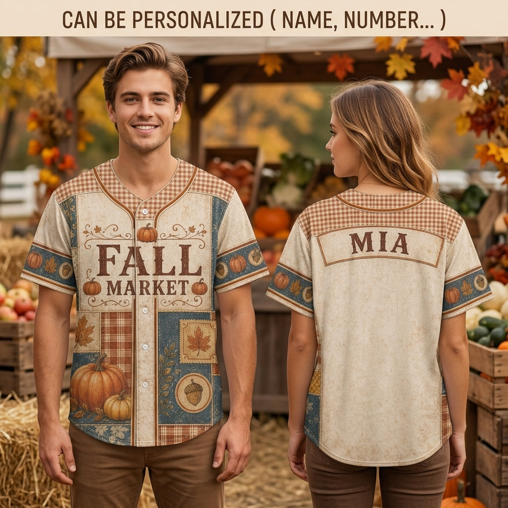 Personalized Fall Market Patchwork Baseball Jersey - Custom Name Autumn Pumpkin Apparel Gift