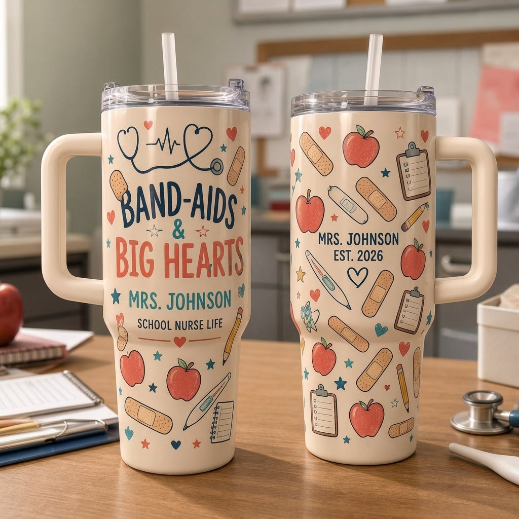 Personalized Band-Aids & Big Hearts School Nurse 40oz Tumbler with Handle - Custom Name Gift