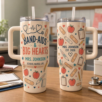 Personalized Band-Aids & Big Hearts School Nurse 40oz Tumbler with Handle - Custom Name Gift