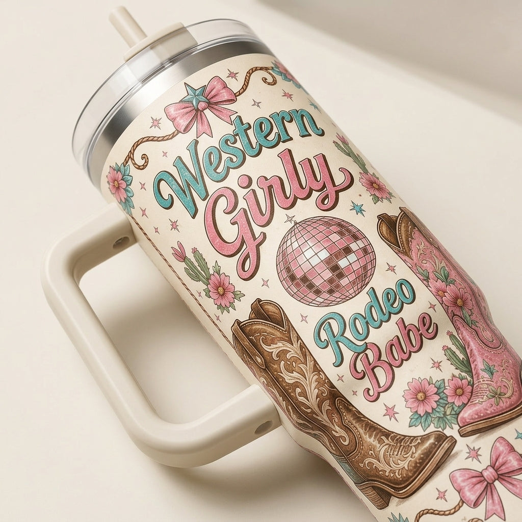 Personalized Western Girly Rodeo Babe 40oz Tumbler with Handle - Custom Cowboy Boots and Disco Ball Design