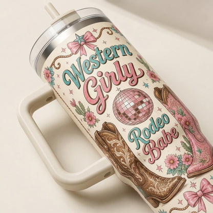 Personalized Western Girly Rodeo Babe 40oz Tumbler with Handle - Custom Cowboy Boots and Disco Ball Design