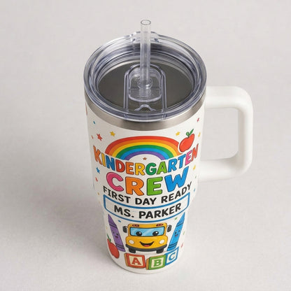 Personalized Kindergarten Crew 40oz Tumbler with Handle - Custom Name Teacher Back to School Gift