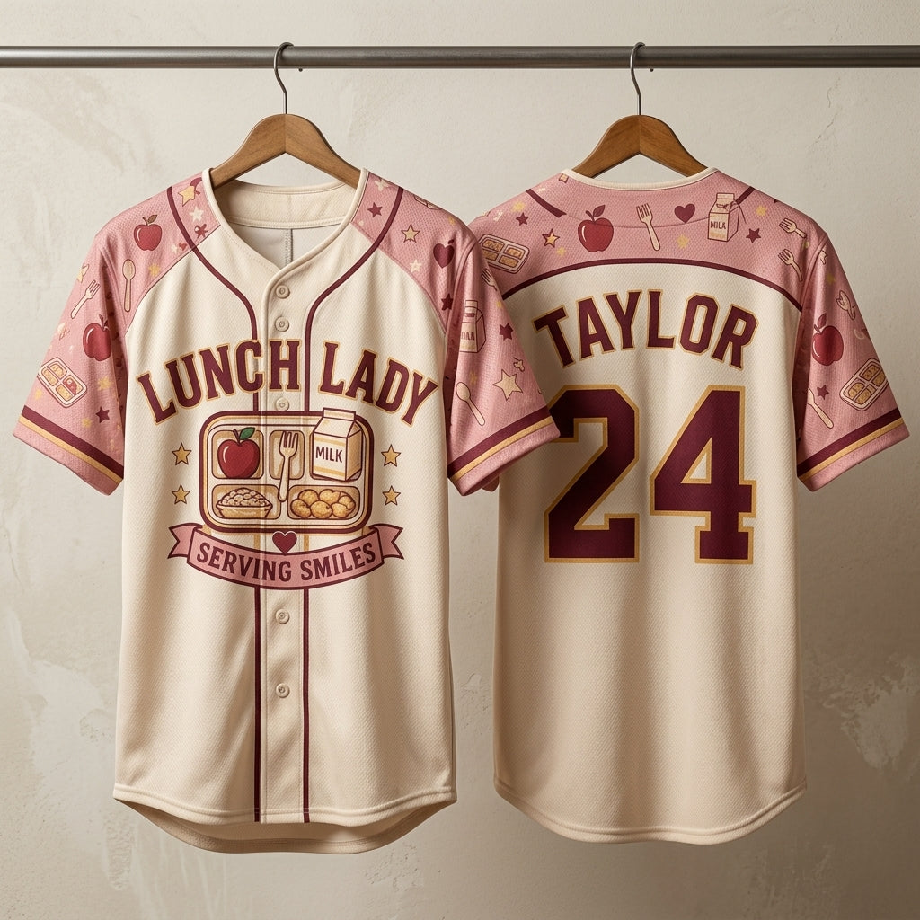 Personalized Lunch Lady Baseball Jersey - Custom Name and Number Serving Smiles School Cafeteria Staff Gift