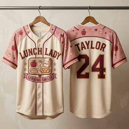 Personalized Lunch Lady Baseball Jersey - Custom Name and Number Serving Smiles School Cafeteria Staff Gift