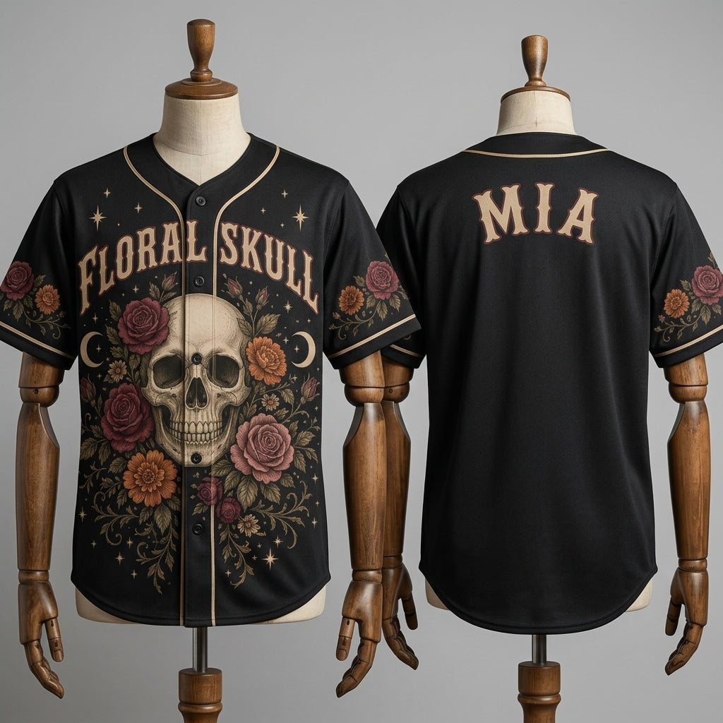 Personalized Floral Skull Baseball Jersey with Custom Name - Vintage Gothic Rose Athletic Shirt