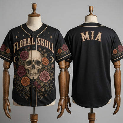 Personalized Floral Skull Baseball Jersey with Custom Name - Vintage Gothic Rose Athletic Shirt
