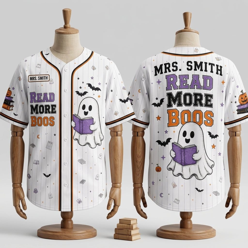 Personalized Read More Boos Halloween Baseball Jersey - Custom Teacher Name Ghost Reading Shirt for Librarians