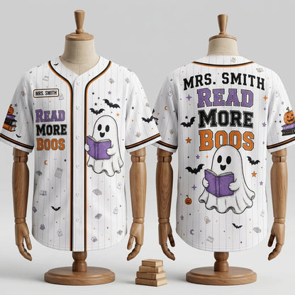 Personalized Read More Boos Halloween Baseball Jersey - Custom Teacher Name Ghost Reading Shirt for Librarians