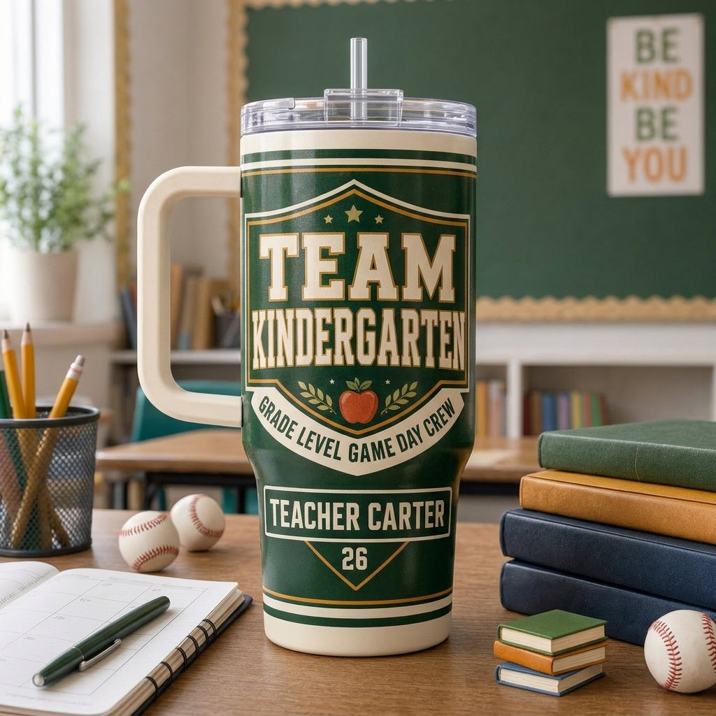 Personalized Team Kindergarten 40oz Tumbler with Handle, Custom Teacher Name Gift, Grade Level Game Day Crew School Travel Mug