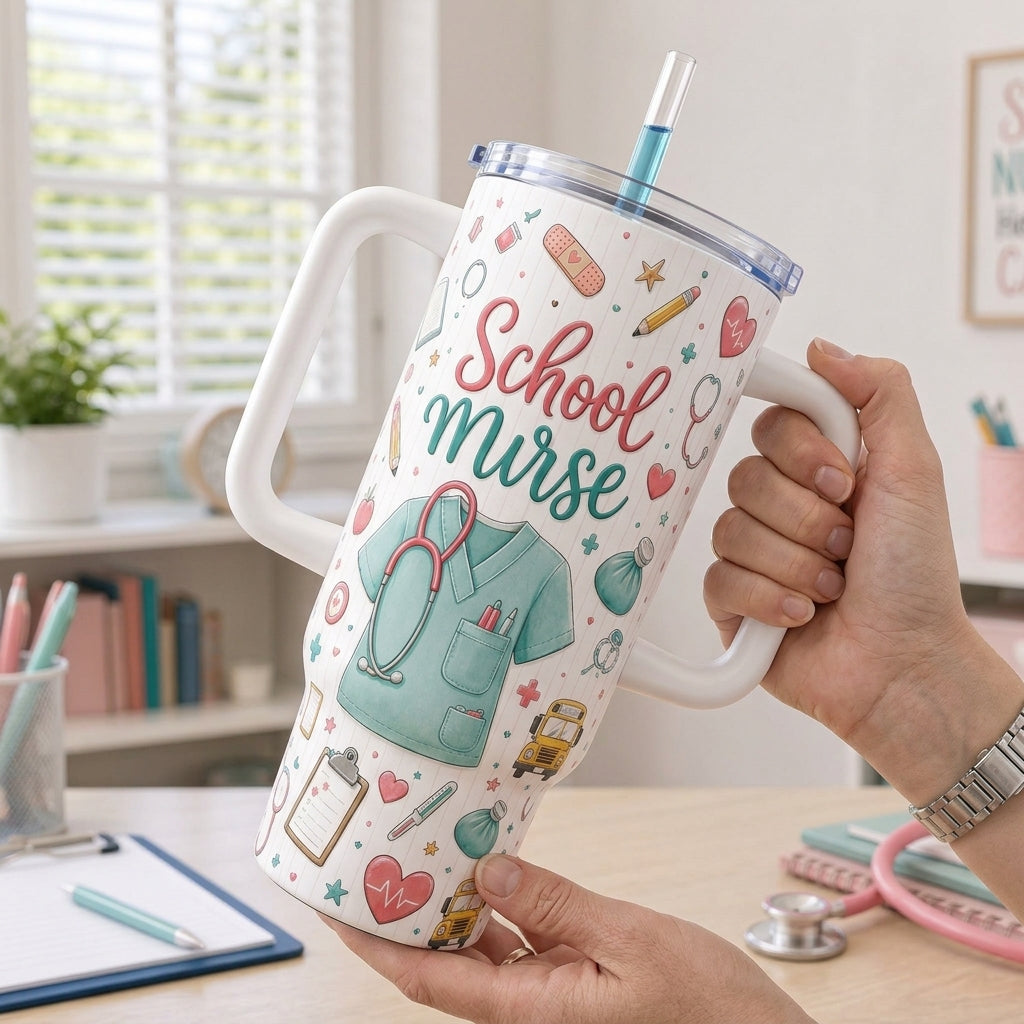 School Nurse 40oz Tumbler with Handle - Cute Healthcare Appreciation Gift for School Nurses