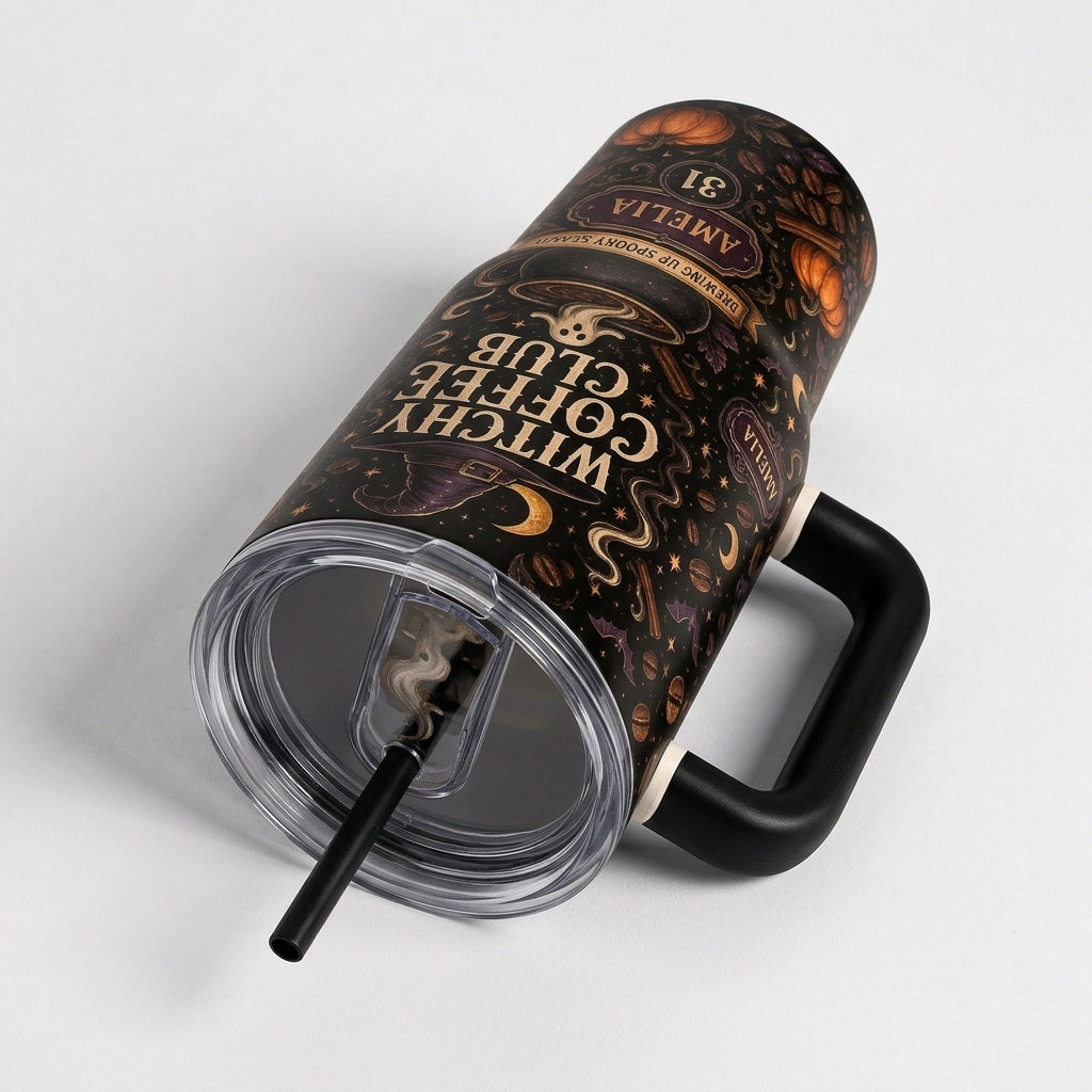 Personalized Witchy Coffee Club 40oz Tumbler with Handle - Custom Halloween Name & Age Gift