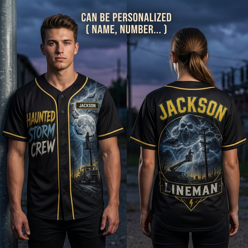 Personalized Haunted Storm Crew Lineman Baseball Jersey - Custom Name Utility Worker Gift