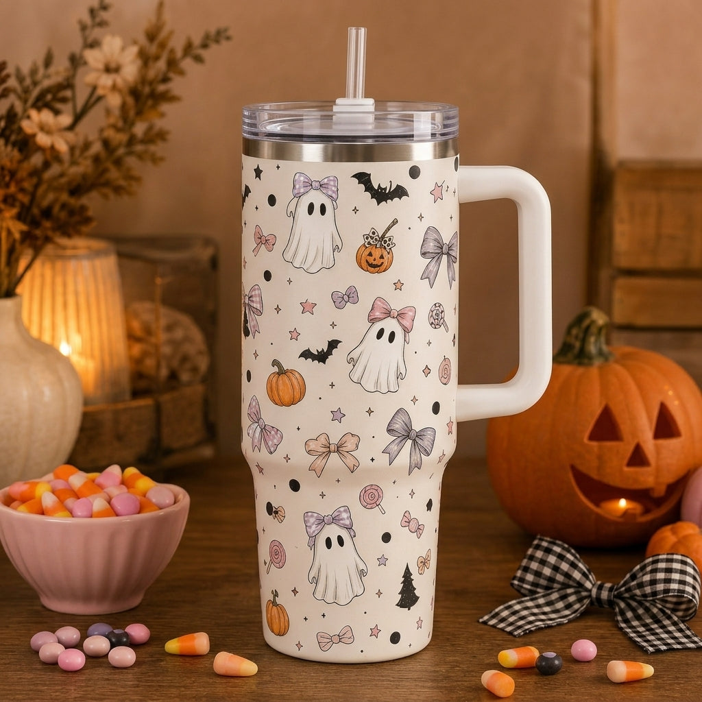 Personalized Spooky Season 40oz Tumbler with Handle - Cute Coquette Ghost & Pumpkin Custom Name Gift