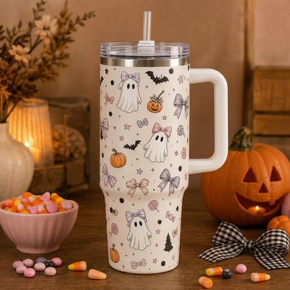 Personalized Spooky Season 40oz Tumbler with Handle - Cute Coquette Ghost & Pumpkin Custom Name Gift