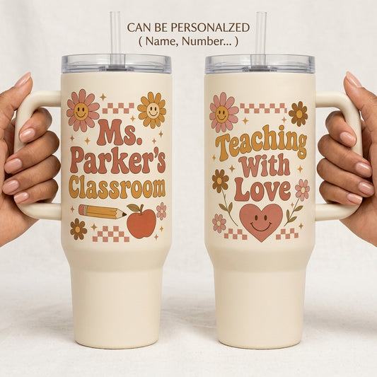 Personalized Groovy Teacher 40oz Tumbler with Handle, Custom Name Classroom Cup, Teaching With Love Retro Design Gift