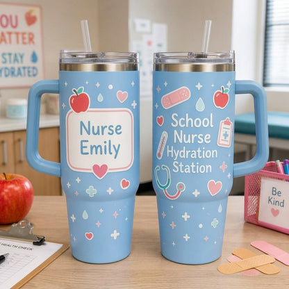 Personalized School Nurse Hydration Station 40oz Tumbler with Handle - Custom Name Blue Nurse Gift