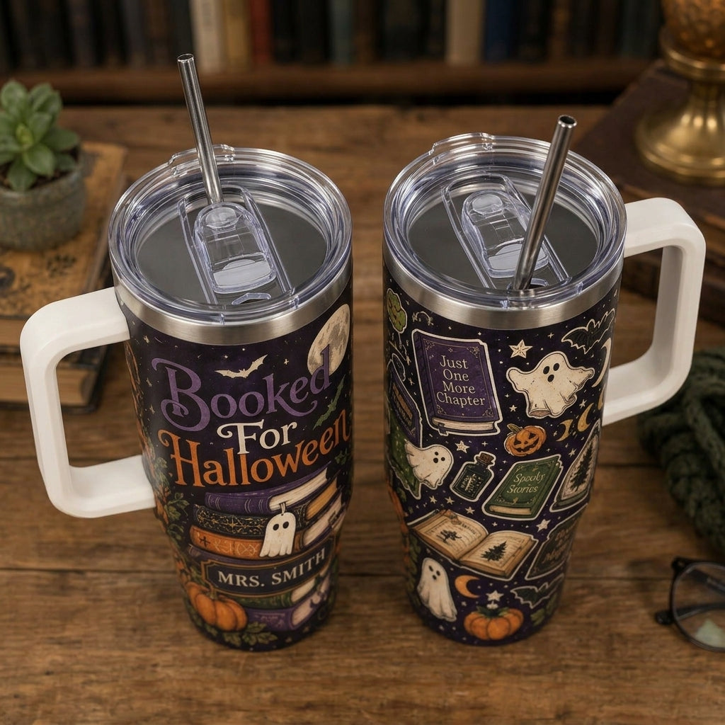 Personalized Booked For Halloween 40oz Tumbler with Handle, Custom Name Book Lover Gift for Teachers