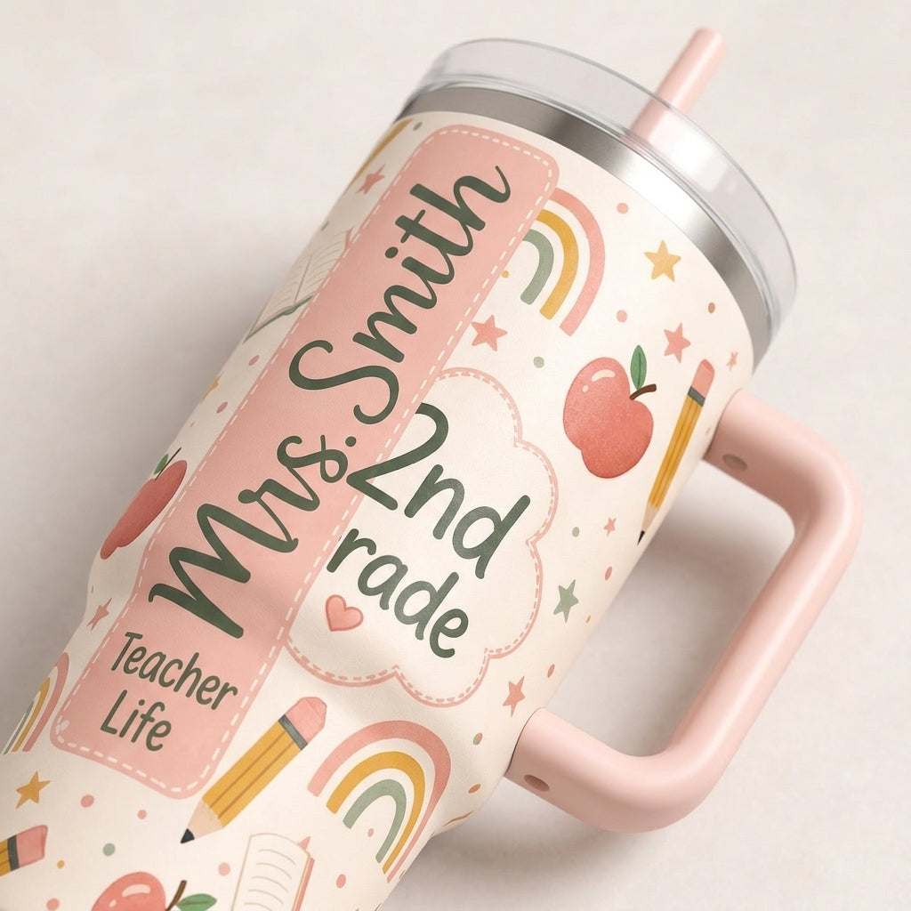 Personalized Teacher Life 40oz Tumbler with Handle - Custom Name & Grade School Gift