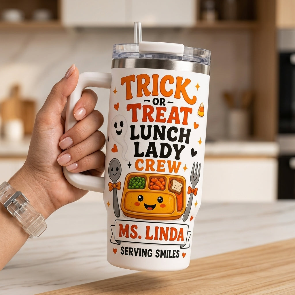 Personalized Trick or Treat Lunch Lady Crew 40oz Tumbler with Handle, Custom School Cafeteria Halloween Gift