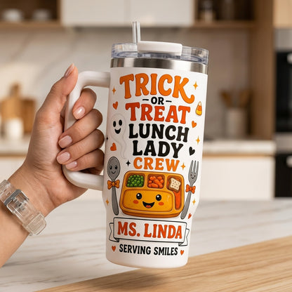 Personalized Trick or Treat Lunch Lady Crew 40oz Tumbler with Handle, Custom School Cafeteria Halloween Gift